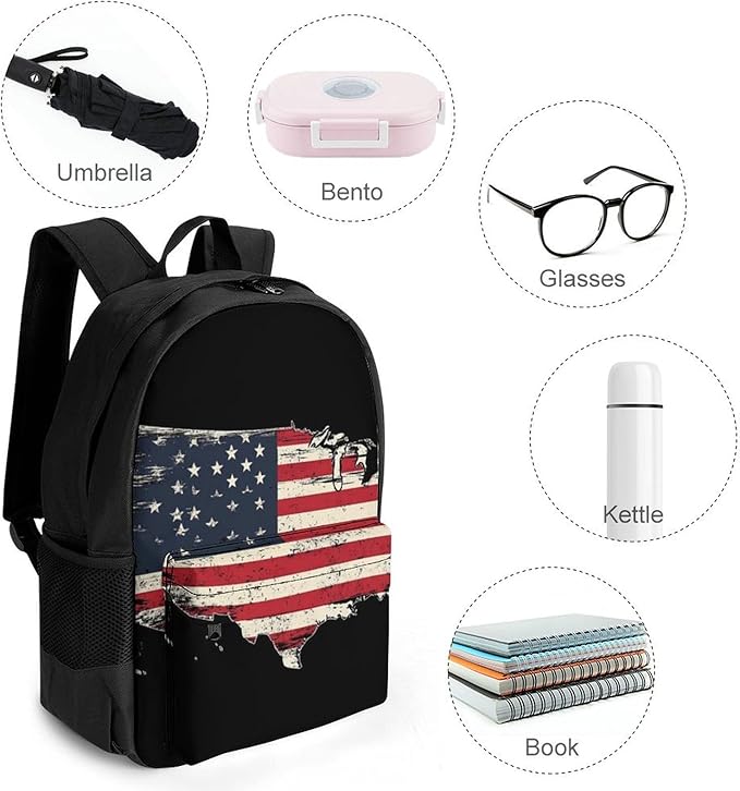 Supdreamc Polyester Daypack for Hiking Work Running, Big Capacity Anti-Theft Multipurpose Shoulder Bag, American Flag Patriotic Usa Map Travel and Sport Backpack Rucksack