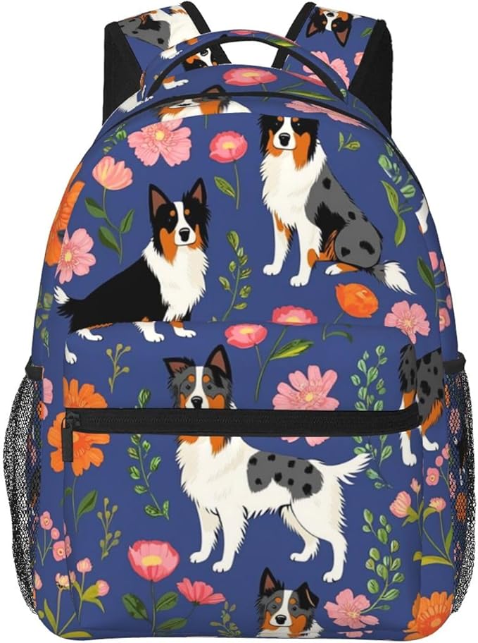 Polyester Daypack Backpack for Trekking Picnic Walking Cycling, Large Capacity Anti-Theft Multipurpose Shoulder Bag, Australian Shepherd Dogs Flowers Casual Daypack