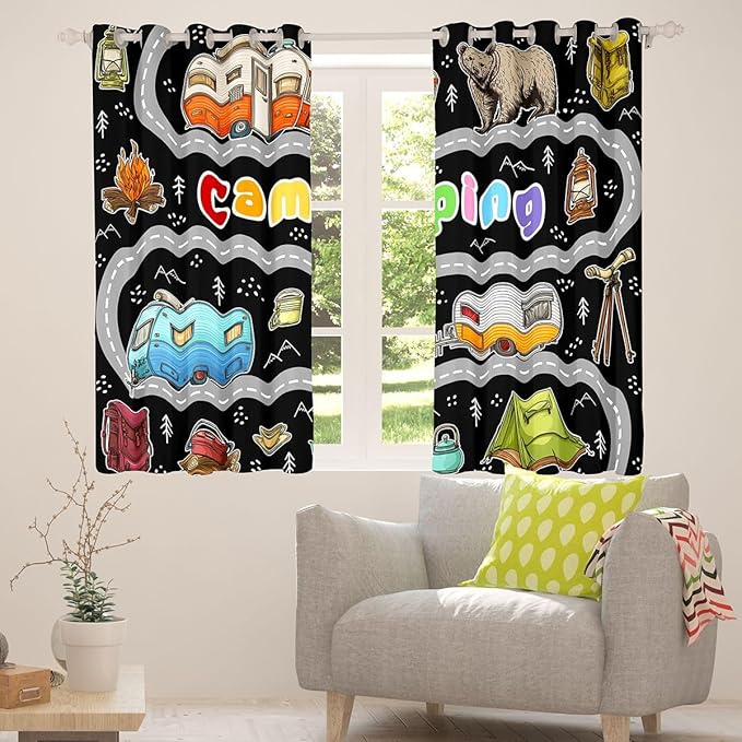 Feelyou Black Rv Camping Camper Curtains for Bedroom Living Room Wildlife Animal Bear Blackout Shades Camping Adventure Room Darkening Curtain Window Treatments, 2 Panels 52 x 90 Inch Decor