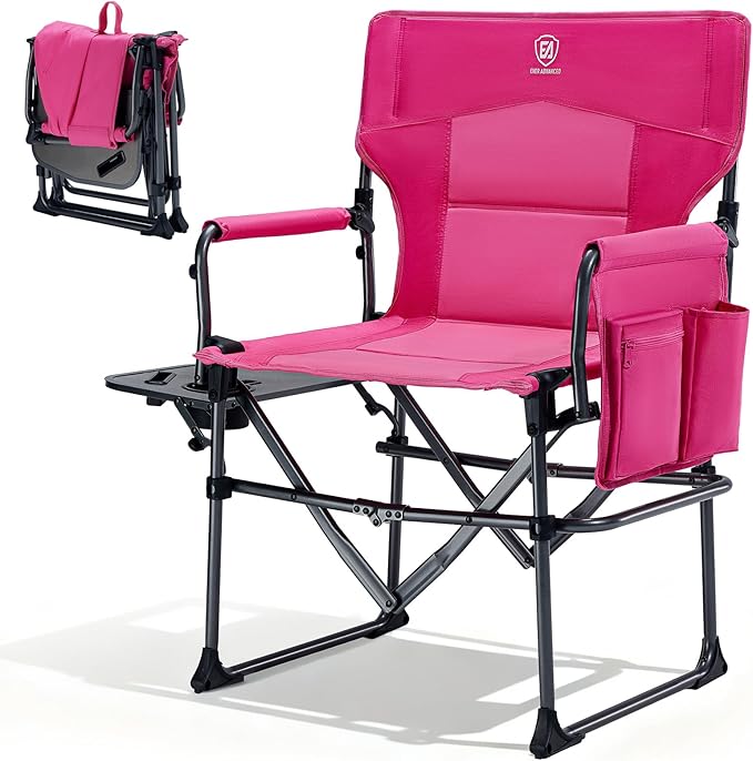EVER ADVANCED Camping Directors' Chair with Side Table, Portable Folding with Compact Size, Heavy Duty Lawn Chair with Pocket for Camping, Lawn, Sports and Fishing, 400lbs, Pink