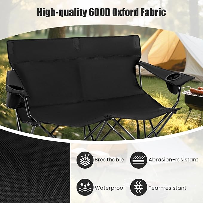 Goplus Double Camping Chair, Oversized Heavy Duty Camping Loveseat for Adults, Portable Folding 2 Person Camping Chair with Cup Holder for Outdoor Lawn Beach Backyard