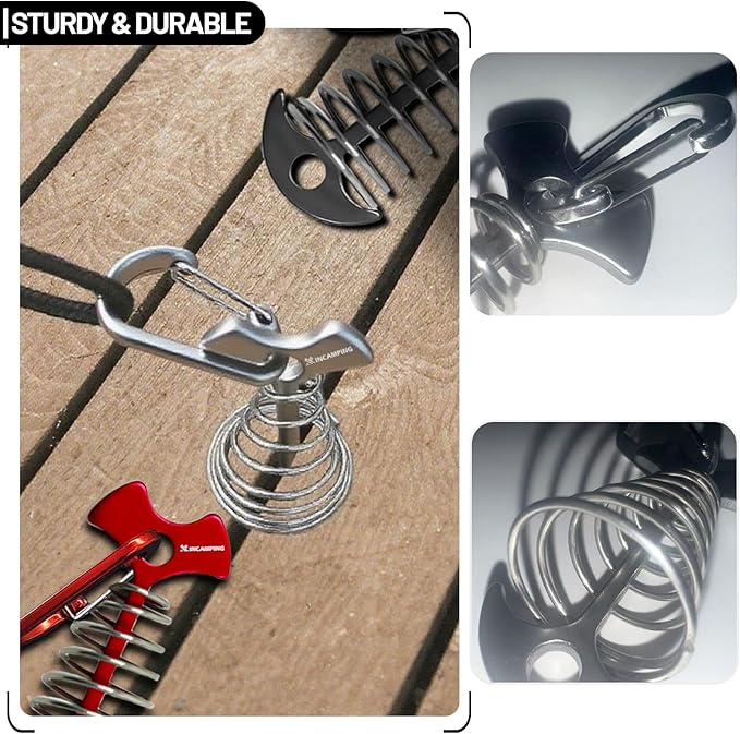 Deck Anchors XINCAMPING 12pcs Aluminum Tent Pegs for Wooden Decks, Windproof Rope Tighteners & Adjusters for Tents, Canopies, Camping Furniture Silver