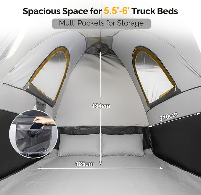 TUFFIOM Update 5.5-6ft Pickup Truck Tent for Camping, Truck Bed Tent with Reinforcement Fiberglass Poles, PU2000 Waterproof and Rainfly for 2 People, Easy Set Up, Good Ventilation