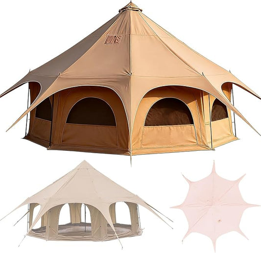 Spacious Glamping Tent, Yurt Style Canvas Bell with Stove Jack. Features 360° Ventilation, 8 Mesh Windows, for Comfortable Family Camping in Any Season.
