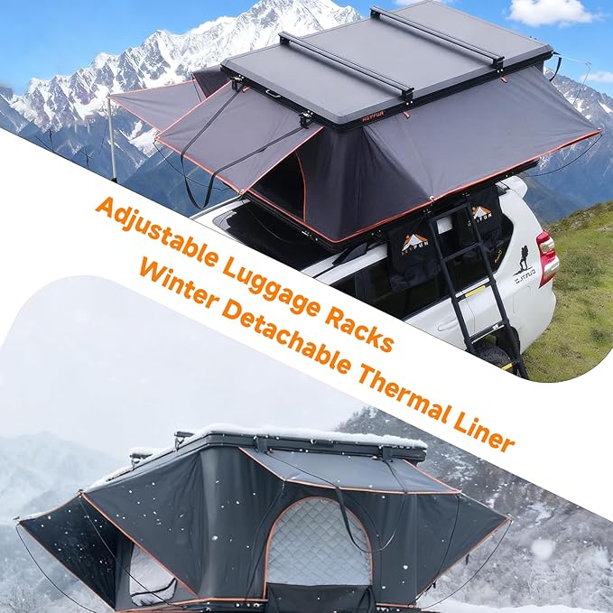Pioneer Pro Rooftop Tent Hard Shell with USB Outlet, Summer Side Awning, Winter Thermal Liner&Luggage Racks for 4 Season Camping, Aluminum Pop Up 2-3 Person Roof Tent for Truck Jeep SUV Van Trailer