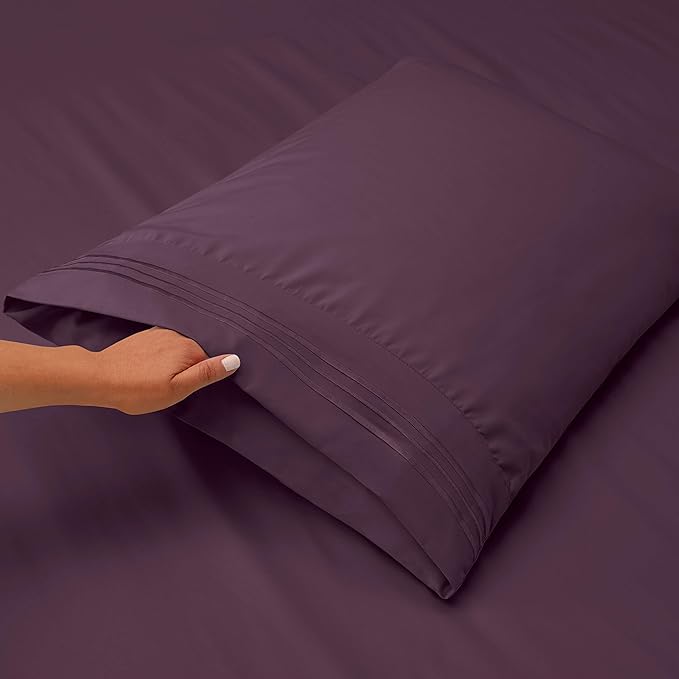 Clara Clark Flex Top King Sheets, 6 Piece Set - Hotel Luxury Sheets for Top Split King Bed, Super Soft Bedding Set, Head Split King Eggplant Purple