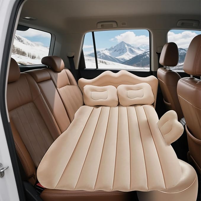 Ergocar Inflatable Mattress Camping Thickened Portable Travel Camping Flocking Bed Double-Layer Inflatable Valve Suitable for Suvs, Rear Seats, Automobiles