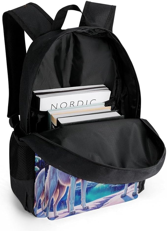 Supdreamc Backpack Multipurpose Anti-Theft Large Capacity Bookbag, Wolves Moon Aurora Art Travel Hiking Daypack With Side Pockets