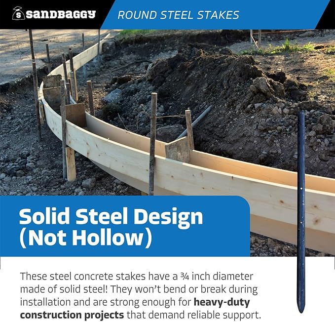 Sandbaggy Round Steel Concrete Form Stakes with Nail Holes - Rust Resistant Coating - Removable, Reusable (5, 3/4 in X 18 in)