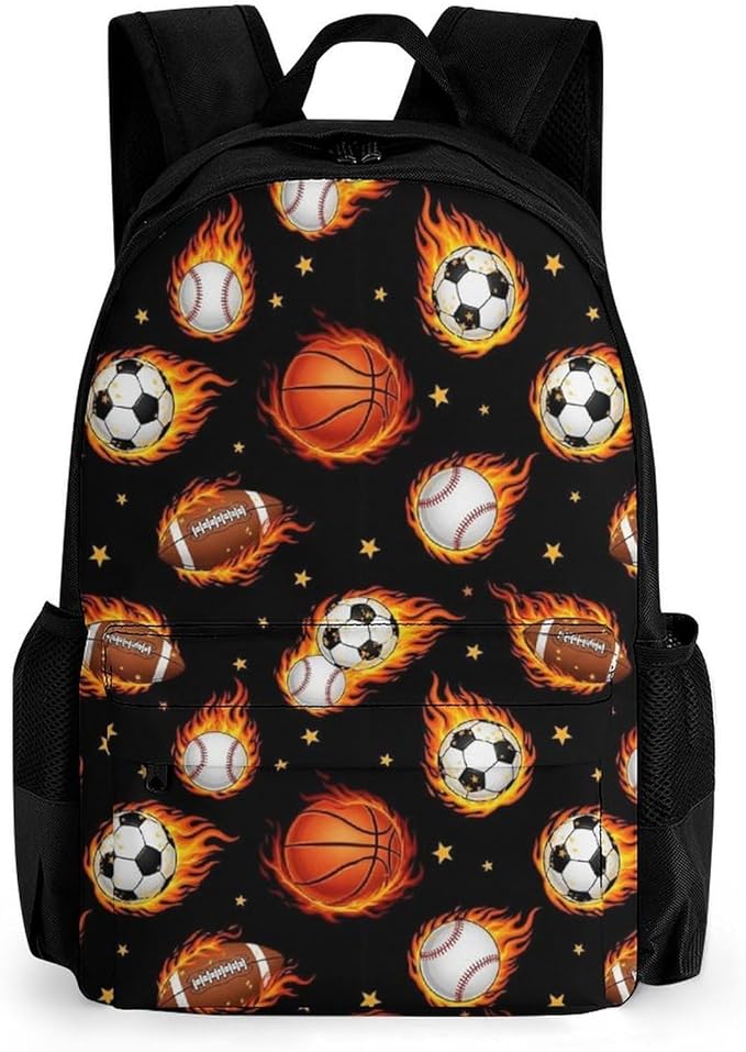 Supdreamc Men Women Polyester Fire Ball Soccer Basketball Baseball Football Sport Daypack Big Capacity Shoulder Bag With Smooth Zippers for Hiking Work Walking Cycling