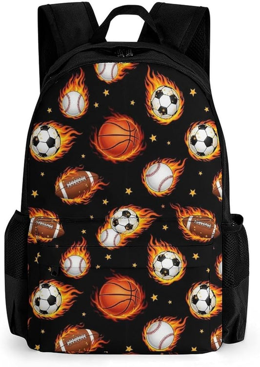 Supdreamc Men Women Polyester Fire Ball Soccer Basketball Baseball Football Sport Daypack Big Capacity Shoulder Bag With Smooth Zippers for Hiking Work Walking Cycling