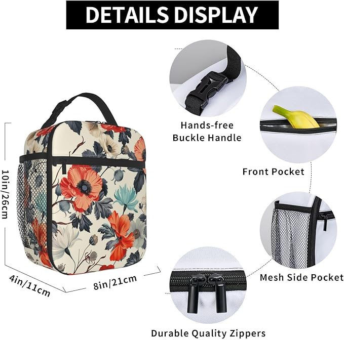 Floral Insulated Lunch Box for Women Men Floral Lunch Bag for Work,Picnic,Travel,Hiking,Beach or Fishing Polyester
