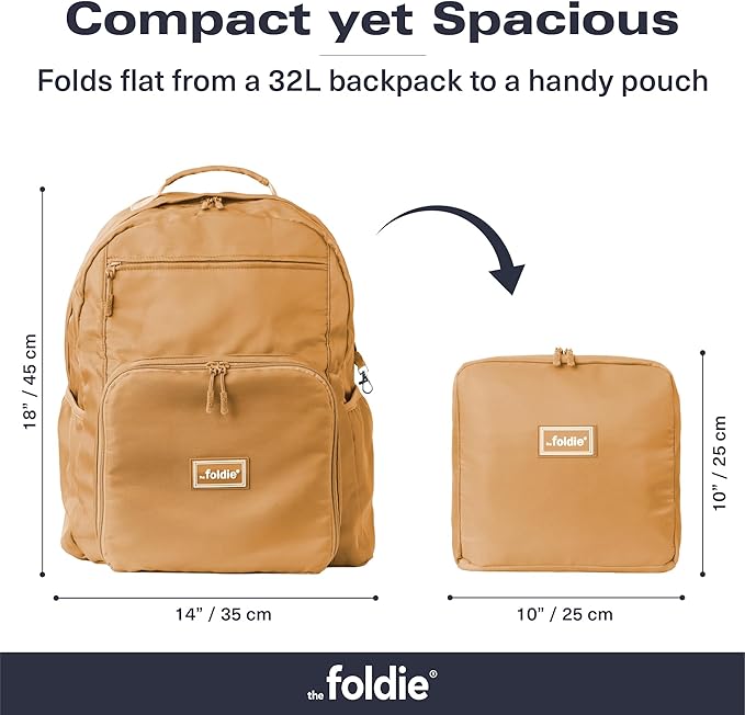 The Foldie Packable Backpack for Travel 32L - Lightweight Foldable Backpacks with Trolly Sleeve & RFID Protection - Water-repellent Casual Daypack Backpacks for Hiking, Camping & Gym - Cognac