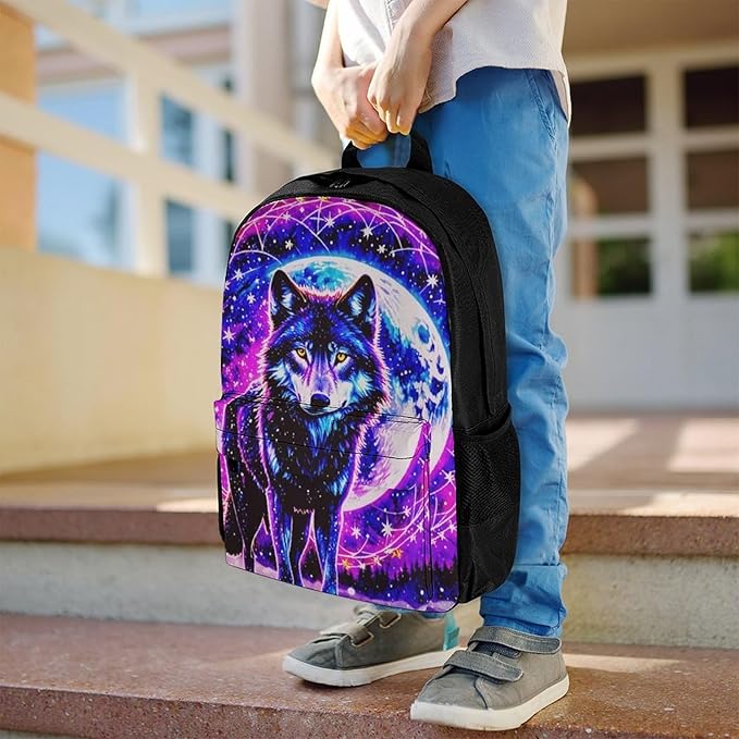 Supdreamc Men Women Polyester Trippy Wolf Space Galaxy Art Daypack Bookbag Big Capacity Shoulder Bag With Padded Straps for Climbing Travel Walking Cycling