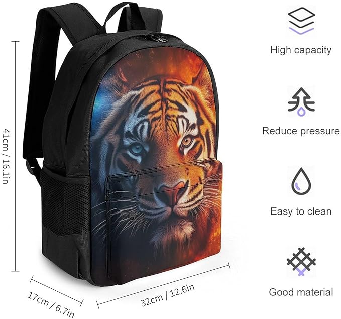 Rucksack Polyester Anti-Theft Multipurpose Space Fire Flame Animal King Wild Angry Tiger Bookbag Big Capacity Travel and Sport Backpack Rucksack With Side Pockets