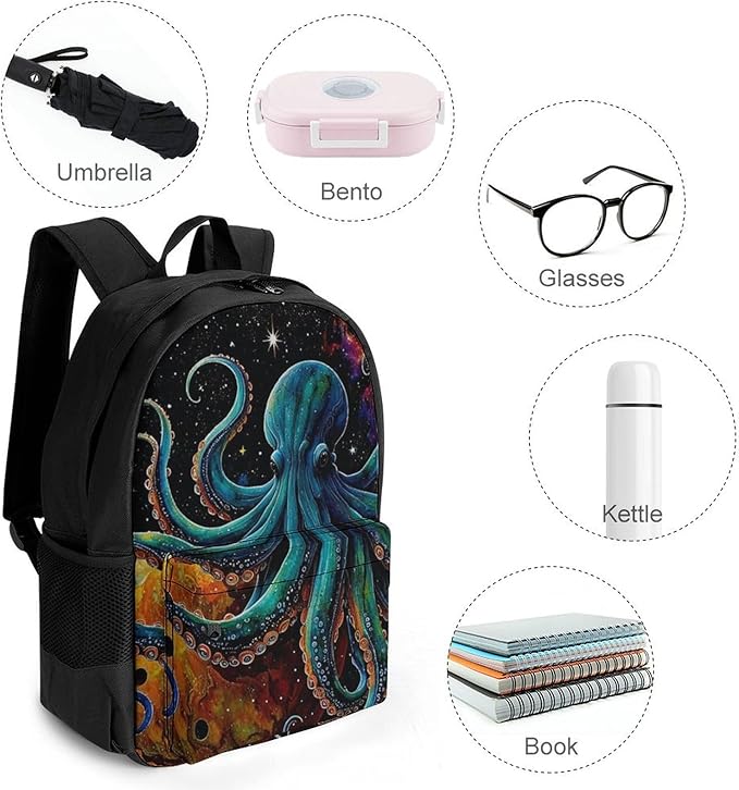 Supdreamc Daypack Backpack Anti-Theft Multipurpose Large Capacity Carry On Bag, Octopus On The Moon Holding Stars Planet Art Traveling Camping Backpack With Side Pockets