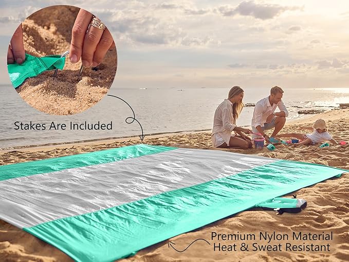 WEKAPO Beach Blanket Sandproof Waterproof, Extra Large Beach Mat, Oversized & Compact Sand Free Mat Quick Drying, Lightweight & Durable with Stakes & Corner Pockets