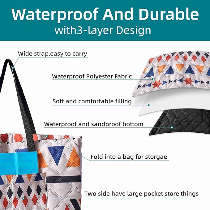 Outdoor Packable Picnic Blanket with Zipper Folds into Tote Bag with Large Storage and Shoulder Strap, Waterproof Sandproof for Lawn Beach Hiking Camping (colorful1, Large)