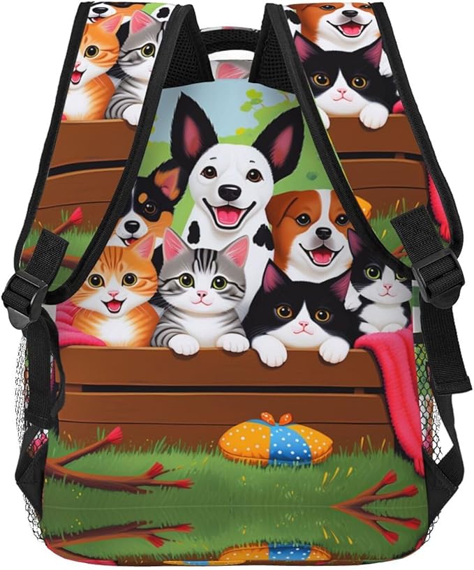 Men Women Lightweight Cute Animals Happy Dogs And Cats Art Casual Daypack Big Capacity Bookbag With Padded Straps for Gym Travel Walking Cycling