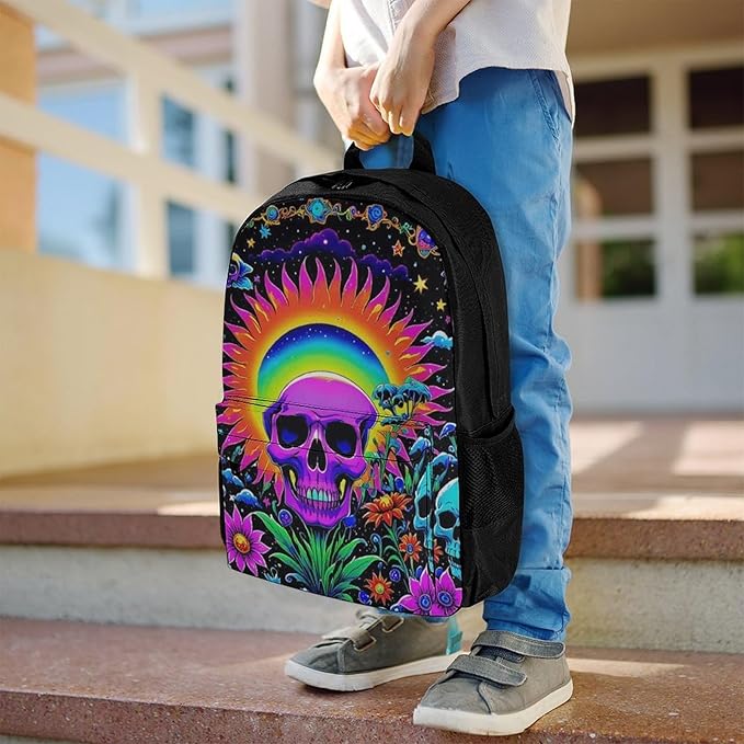 Supdreamc Men Women Polyester Psychedelic Skull Sun And Moon Neon Art Casual Daypack Large Capacity Carry On Bag With Adjustable Shoulder Straps for Camping Work Running