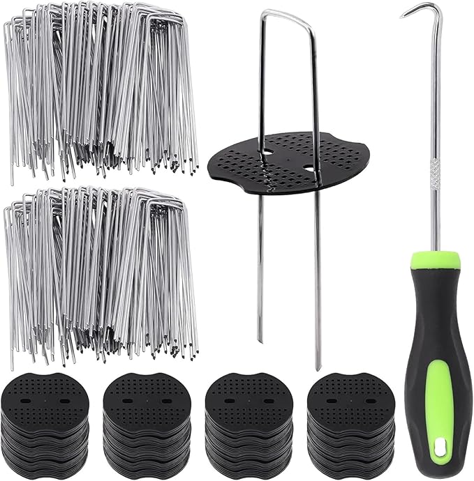 201Pcs 6 Inch 11 Gauge Garden Stakes Staples Kit, 100Pcs U-Shaped Landscape Staples and 100Pcs Fixing Gasket with 1Pc Pick Hook for Weed Barrier Fabric, Groud Cover, Holding Fence