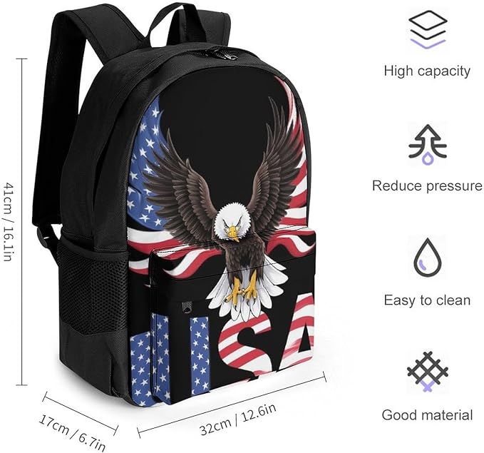 Supdreamc Polyester Daypack for Camping Travel Walking Cycling, Big Capacity Anti-Theft Multipurpose Bookbag, Patriotic American Eagle Flag Camping Outdoor Backpack