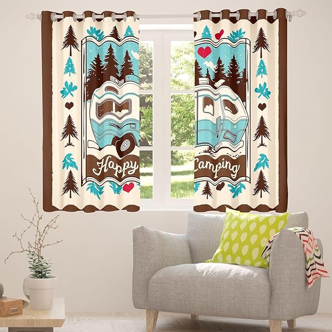 Erosebridal Camper Adventure Kids Window Drapes Happy Camping Rustic Cabin Blackout Curtains 42" Wx84 L Rv Pine Tree Nature Curtains for Bedroom Living Room,Brown Country Window Treatments 2 Panels