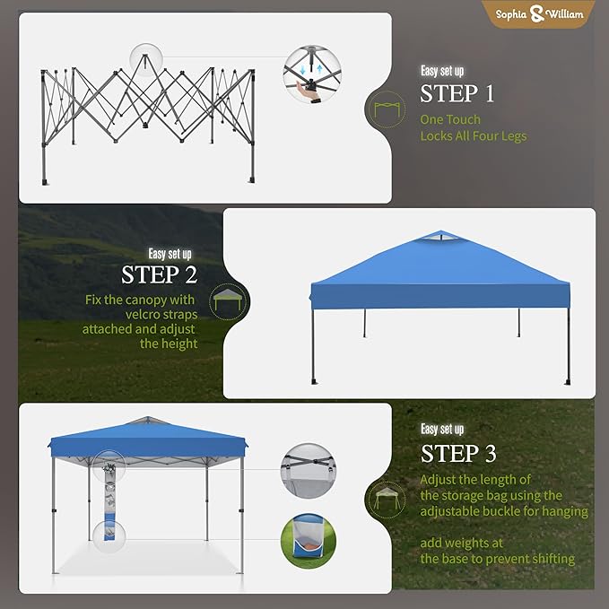 Sophia & William Canopy Tent Pop Up 10x10 ft One Person Push Set Up Tent, Outdoor Canopies Shelter Heavy Duty Straight Legs with 4 Sandbags & Guy Ropes, 1 Roller Bag & Storage Bag, 8 Stakes UPF50+