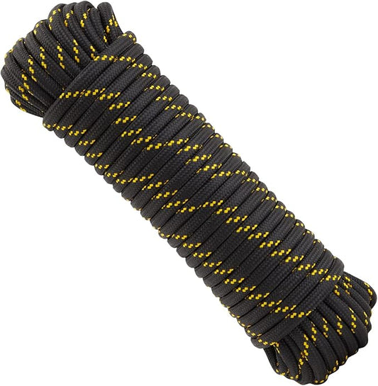 Diamond Braided Rope - 1/2 in x 100 ft, Black & Yellow - Polyester Heavy Duty Rope for Camping, Outdoor Gear & Emergency Tent Setup
