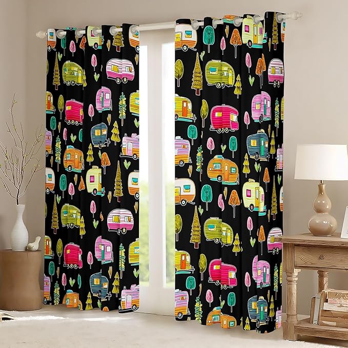 Feelyou Black Camper Camping Curtains for Bedroom Living Room RV Travel Trailer Blackout Shades Camping Theme Room Darkening Curtain Window Treatments, 2 Panels 42 x 63 Inch Decor