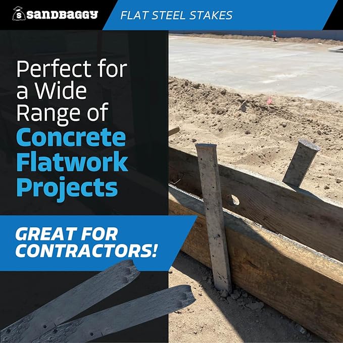 Sandbaggy Flat Steel Stakes for Concrete Forms with Nail Holes - 1.5" Wide - Painted - Removable, Reusable, V Point End - Construction Grade Stakes (10, 24 inch)