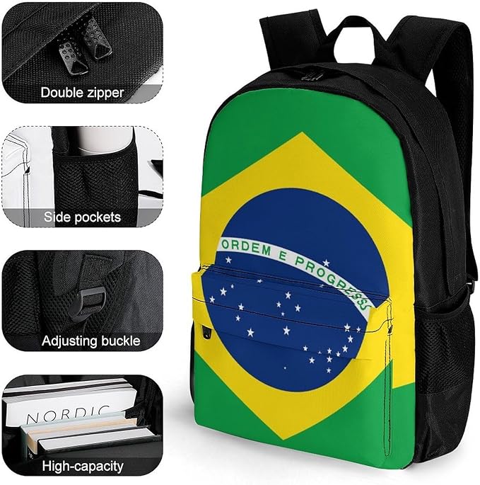 Men Women Polyester Brazilian Brazil Flag Casual Daypack Large Capacity Carry On Bag With Adjustable Shoulder Straps for Camping Work Running