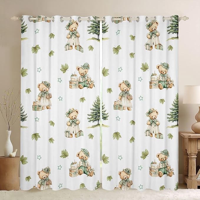 Princess Bears Window Curtain | Coquette Girly Window Treatment Curtain for Boys Bedroom Decor,Green Maple Leaf Curtains Cartoon Cakes Gifts Living Room Top 2 Panels,42Wx63L