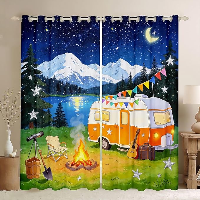jejeloiu RV Camping Blackout Curtains Cartoon Camping Car Darkening Drapes for Bedroom Room Decor Campfire Thermal Insulated Shades Farmhouse Trailers Camper, 2 Panels 52 x 96 Inch