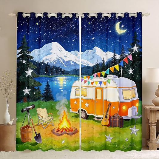 jejeloiu RV Camping Blackout Curtains Cartoon Camping Car Darkening Drapes for Bedroom Room Decor Campfire Thermal Insulated Shades Farmhouse Trailers Camper, 2 Panels 42 x 63 Inch