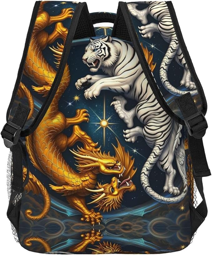 Daypack Backpack Anti-Theft Multipurpose Big Capacity Bookbag, Yin Yang Gold Dragon White Tiger Art Business Computer Bag With Side Pockets
