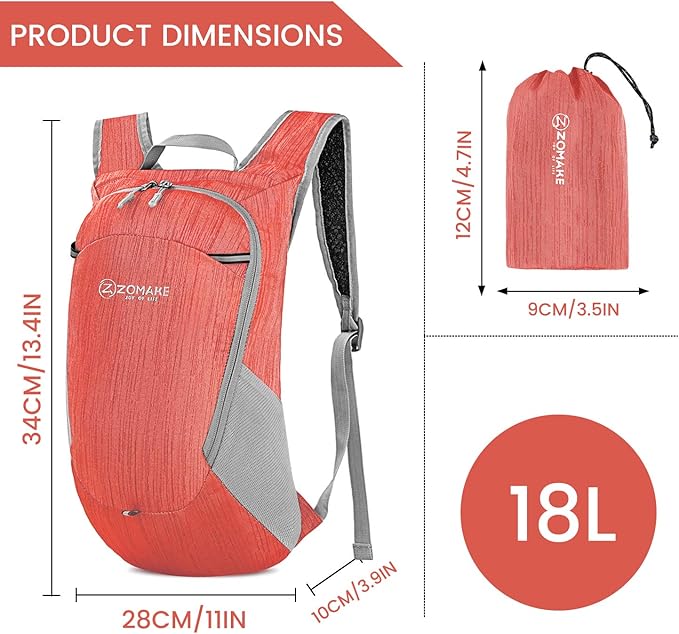 ZOMAKE Ultra Lightweight Packable Backpack 18L, Small Foldable Hiking Backpacks Water Resistant Folding Daypack for Travel(Red)