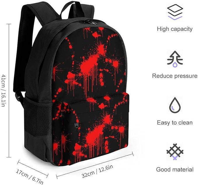 Men Women Polyester Halloween Classic Horror Blood Splatter Black Red Backpack Large Capacity Bookbag With Smooth Zippers for Climbing Picnic Bicycle