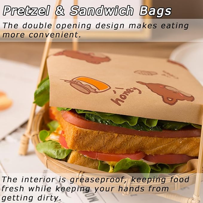 Soft Pretzel Bags 7"x7" Double Open Sandwich Bags (Bear-50pcs)
