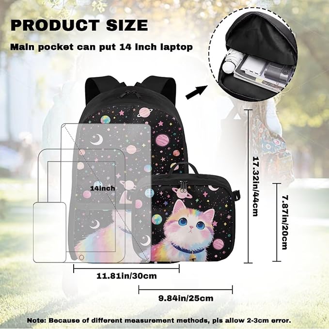 HUGS IDEA Cosmic Cat Backpack for School Girls 3th Grade School Bag for Kids 17 Inch Students Bookbag Lightweight School Bookbag for Girls with Lunch Bag Large Kids Travel Daypack