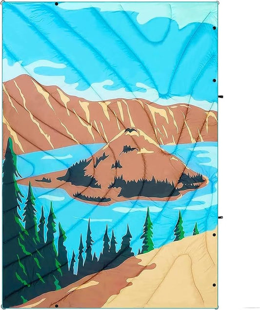 Camping Blanket, Puffy Waterproof Travel Blanket, Warm Cozy Picnic Blanket, for Outdoors, Travel, and Mountain.(Lake, 78" x 56")