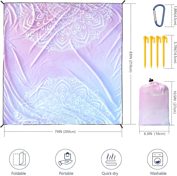 Beach Blanket Waterproof Sandproof Extra Large Beach Mat 79" X 83"/120"x108"for 1-8 Adults Quick Drying Durable Outdoor Picnic Mat for Beach Travel Camping Hiking