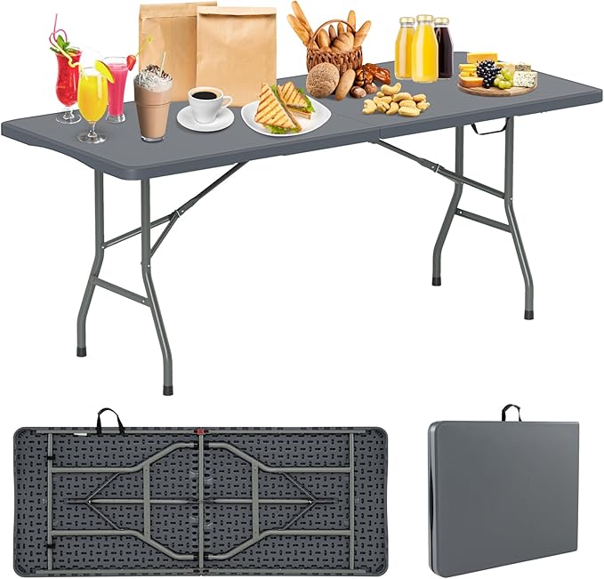 Folding Table, HDPE Portable Table with 6 ft Long Tabletop, Metal Frame Picnic Camping Table with Safe Lock, Collapsible Dining Table for Camping, Picnic, Party (Gray, 6 FT)