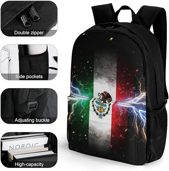 Supdreamc Men Women Lightweight Cool Lightnings Eagle Mexico Flag Daypack Bookbag Big Capacity Carry On Bag With Side Pockets for Camping Travel Bicycle