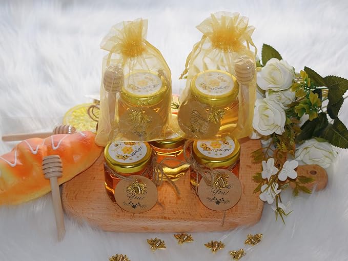 IIKUM 60 Pack 1.5 oz Glass Honey Jars with Baby Shower Sash, Dippers, Bee Pendants, Gift Bags, Thank You Cards, Jute and Stickers-Great Honey Jars Set for Baby Shower Favors, Welcome Baby Decorations