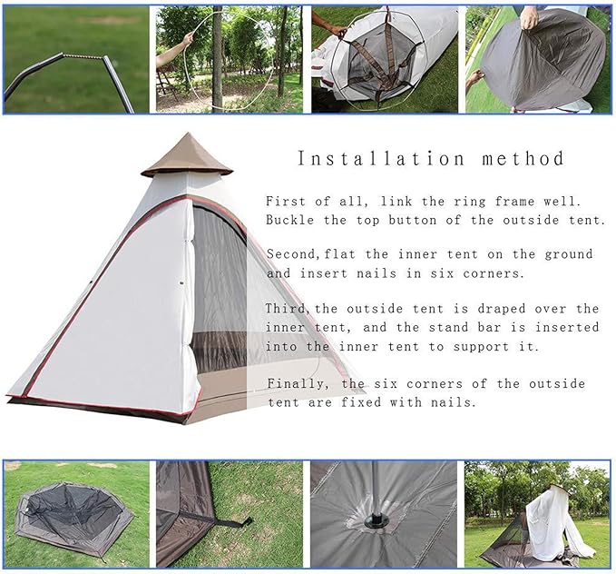 Canvas Indian Bell Tents 3-8 Persons, Classic Style, Camping Tent, 4 Season, Water-Repellent Treatment, Black