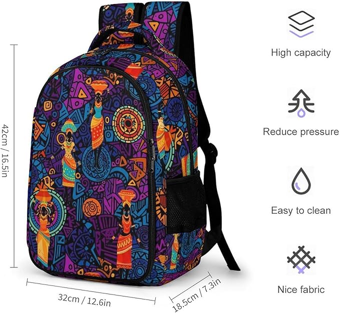 Travel Laptop Backpack Colorful Ethnic Dress Traditional African Black Women for Men Women, Water Resistant Business Anti Theft Computer Bag with Multi Compartments for College Work Hiking