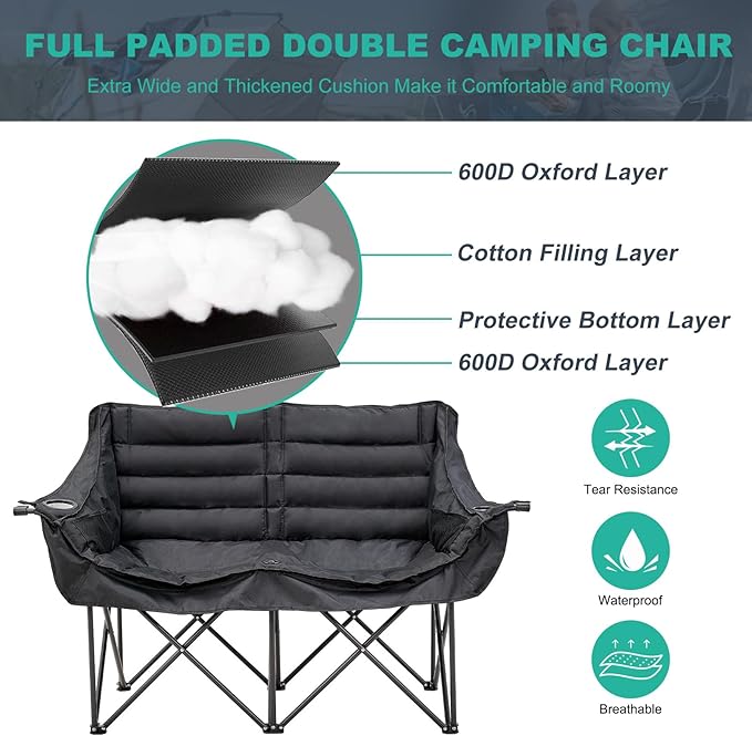 DoCred Double Camping Chair - Oversized Loveseat, 2 Person Camping Chair for Adults Heavy Duty,Two Person Folding Chairs with Cup Holder, Supports up to 500 LBS for Outside Picnic Beach Travel