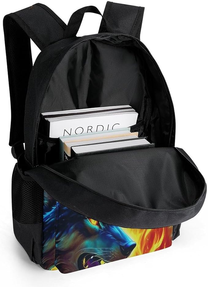Supdreamc Rucksack Multipurpose Anti-Theft Big Capacity Shoulder Bag, Ice And Fire Flaming Cool Wolf Travel Hiking Camping Rucksack With Side Pockets