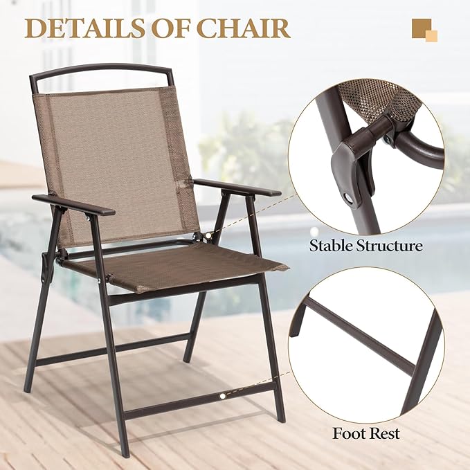 Crestlive Products Set of 4 Patio Folding Chairs 4-Pack Dining Chairs Outdoor Portable Sling with Armrest for Camping, Beach, Garden, Pool, Backyard, Deck (Brown)